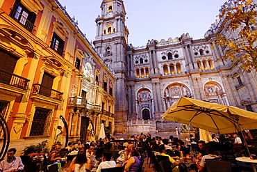 Cafe in Plaza del Obispo, cathedral in background, Malaga, Andalusia, Spain