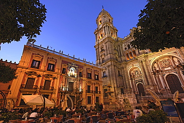 Cafe in Plaza del Obispo, cathedral in background, Malaga, Andalusia, Spain