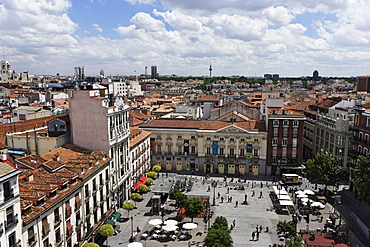 Pavement cafe in Plaza Santa Ana, Teatro Espanol in the background, Calle de Huertas, Madrid, Spain