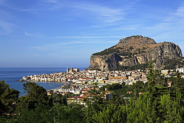 View to Cefalu with Rocca di Cefalu, Cefaly, Sicily, Italy