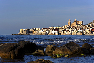 View to Cefalu with Rocca di Cefalu, Cefaly, Sicily, Italy