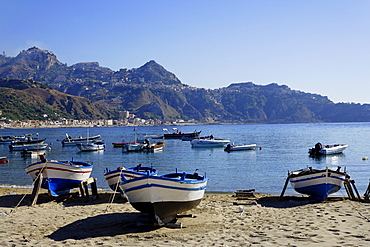 Taormina viewed from the bay of Giardini Naxos, Sicily, Italien