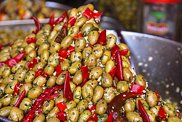 Olives offered on fish market, Catania, Sicily, Italy