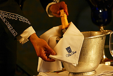 Waiter serving champagne, Hotel Villa CortÃˆs, Playa de las Americas, Teneriffe, Spain