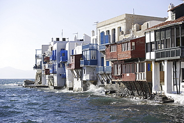 Houses on the waterfront in the sunlight, Little Venice, Mykonos Town, Greece, Europe