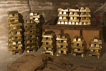 Gold bar replicas in Merkers Treasure Room at Erlebnisbergwerk Merkers Salt Mine, Merkers, Rhoen, Thuringia, Germany