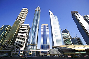 High rise buildings and subway station at Sheikh Zayed Road, Dubai, UAE, United Arab Emirates, Middle East, Asia