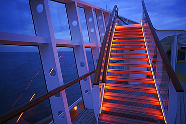 Illuminated stairs on cruise ship AIDA Bella, Mediterranean Sea