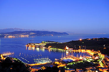 Illuminated port and city of Porto Venere, natural park Porto Venere, national park Cinque Terre, UNESCO world heritage site, Liguria, Italy