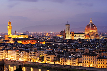 Illuminated city of Florence with Palazzo Vecchio and cathedral Santa Maria del Fiore, Florence, UNESCO world heritage site, Tuscany, Italy