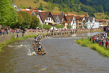 Historic River Rafting on the river Kinzig, Wolfach, Valley Kinzigtal, Southern Part of Black Forest, Black Forest, Baden-Wuerttemberg, Germany, Europe