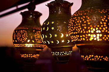 Moroccan lamps on a rooftop terrace at CafÃˆ Arabe restaurant, Marrakech, Morocco, Africa