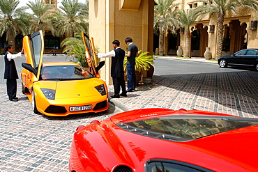 Luxury sport Cars outside Mina A Salam Hotel, Dubai, United Arab Emirates, UAE