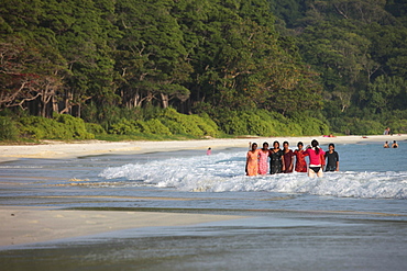 Tourists and locals at Radha Nagar Beach, Beach 7, Havelock Island, Andamans, India