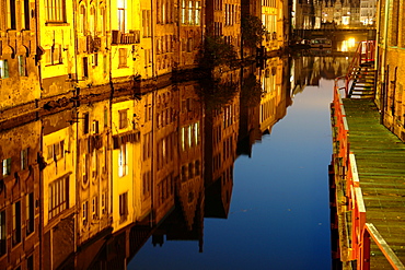 Old Town of Ghent at night, Reflection in the water, Flanders, Belgium