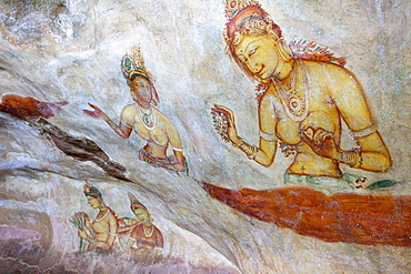 Mural paintings of the Sigiriya ladies, Sigiriya, Sri Lanka, Asia