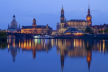 City view with Elbe River, Augustus Bridge, Frauenkirche, Church of our Lady, Staendehaus, town hall tower, Hofkirche and Hausmannsturm, tower of Dresden Castle, Dresden, Saxony, Germany