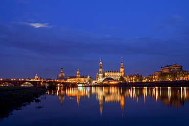 City view with Elbe River, Augustus Bridge, Frauenkirche, Church of our Lady, Staendehaus, town hall tower, Hofkirche and Hausmannsturm, tower of Dresden Castle, Semperoper, Semper opera house, Dresden, Saxony, Germany