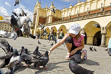 Girl feeding pigeons main market square Rynek Glowny in front of cloth hall, Krakow, Poland, Europe