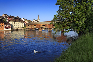 View at the covered bridge across the Rhine river, Diessenhofen, High Rhine, Canton Thurgau, Switzerland, Europe