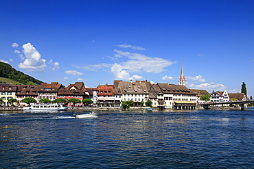 View at excursion boat and lake-side town, Stein am Rhein, High Rhine, Lake Constance, Canton Schaffhausen, Switzerland, Europe