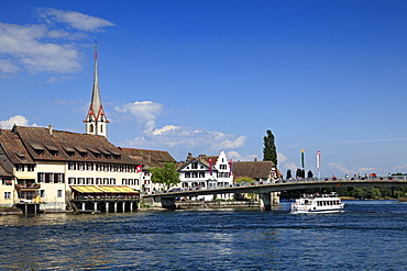 View at houses and bridge at the lake, Stein am Rhein, High Rhine, Lake Constance, Canton Schaffhausen, Switzerland, Europe