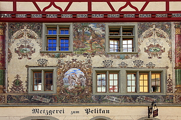 Facades at the city hall square, Stein am Rhein, High Rhine, Lake Constance, Canton Schaffhausen, Switzerland, Europe