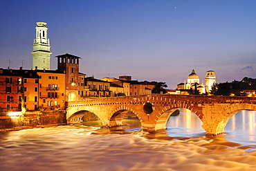 Illuminated bridge Ponte Pietra at night, UNESCO World Heritage Site, Verona, Venetia, Italy