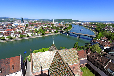 View of the Old City of Basel and bridge, Wettsteinbruecke, over the River Rhine, Klein-Basel, Basel, Switzerland