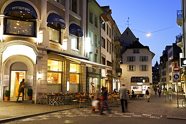 Town square at night, Barfuesserplatz and Gerbergasse, Basel, Switzerland