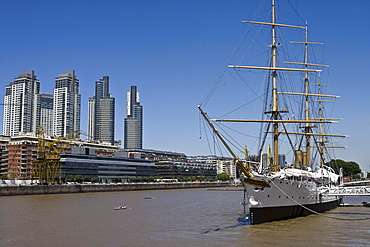 Skyscrapers and Fregata Pta. Sarmiento in Puerto Madero docks district, Buenos Aires, Argentina, South America, America