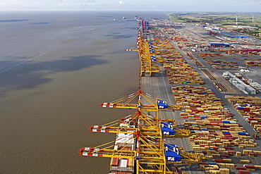 Aerial view of the container port Bremerhaven, Loading cranes along the pier, Lower Saxony, Northern Germany