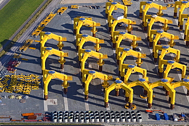 Aerial view of foundation structures for offshore wind farms at Cuxhaven Steel Construction, Cushaven, Lower Saxony, Germany