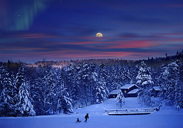 People in snow covered landscape at moonrise, Maihaugen, Lillehammer, Norway, Scandinavia, Europe