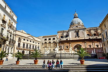 Fountain and statue, Piazza Pretoria, Palermo, Sicily, Italy