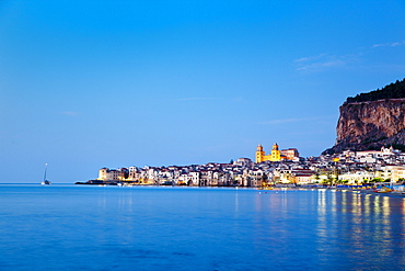 Old town, cathedral and cliff La Rocca, CefalË™, Palermo, Sicily, Italy