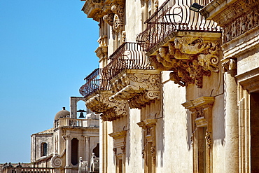 Baroque balcony, Palazzo Nicolai, Noto, Sicily, Italy