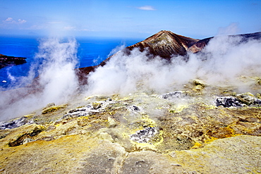 Sulphur steam at the vulcono crater, Vulcano Island, Aeolian islands, Sicily, Italy