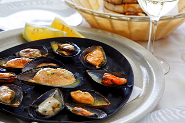 Steamed mussels in a restaurant in Funchal, Madeira, Portugal