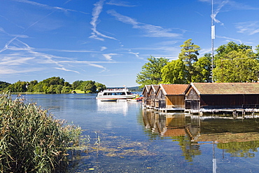 Lake Staffelsee near Seehausen with steam ship, Upper Bavaria, Germany