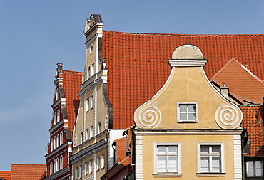 Detail of a houses at Faehrstrasse, Hanseatic town Stralsund, Mecklenburg-Western Pomerania, Germany, Europe