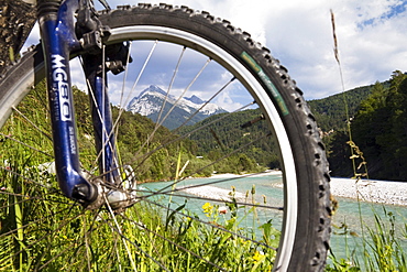 Bicycle near river Isar, Isar Cycle Route, Hinterau Valley, Karwendel range, Tyrol, Austria