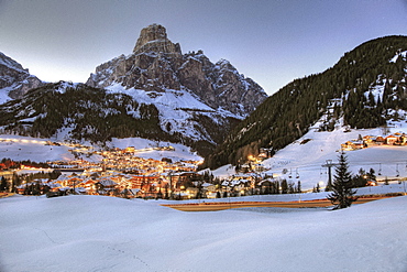 View over Corvara to mount Sassongher in the evening, Alta Badia, Dolomites, Trentino-Alto Adige/Suedtirol, Italy