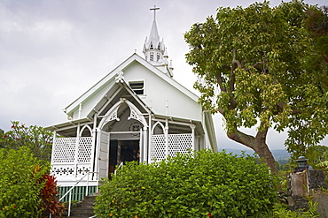 St. Benedict's Painted Church under clouded sky, Honaunau, Big Island, Hawaii, USA, America