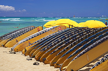 Surfboards at Waikiki Beach, Honolulu, Oahu, Island, Hawaii, USA, America