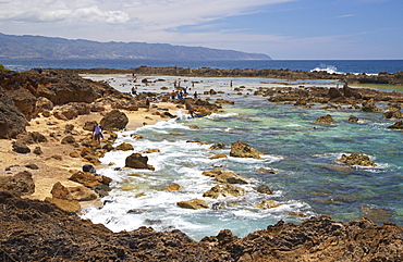 People at snorkeling area at the coast, North Shore, Oahu, Hawaii, USA, America