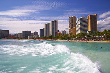 View at waves and hotels at the beach, Waikiki Beach, Honolulu, Oahu, Island, Hawaii, USA, America