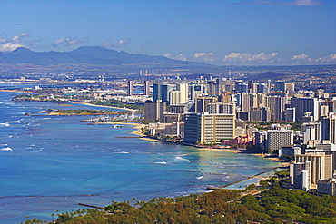 View at high rise buildings of Honolulu and Waikiki Beach, Oahu, Hawaii, USA, America