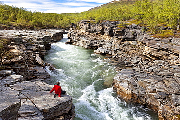 Hiker at Abisko river canyon, Abisko National Park, Lapland, northern Sweden, Sweden