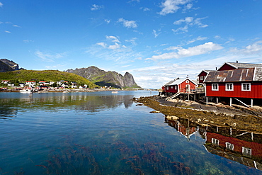 Traditional Rorbu fisherman`s hut, Reine village, Moskenesoya, Lofoten Islands, North Norway, Norway